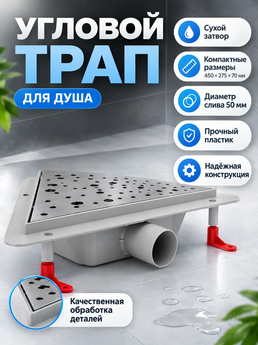 Угловой трап для душа с решеткой Miano MEDIUM матовый, D50 MS-DM — фото 2